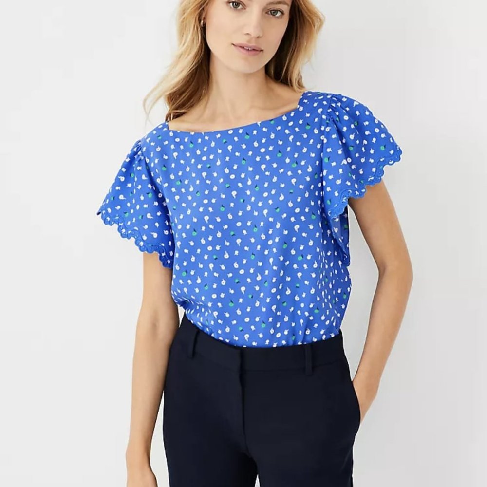 Ann Taylor Floral Flutter Sleeve Square Neck Top